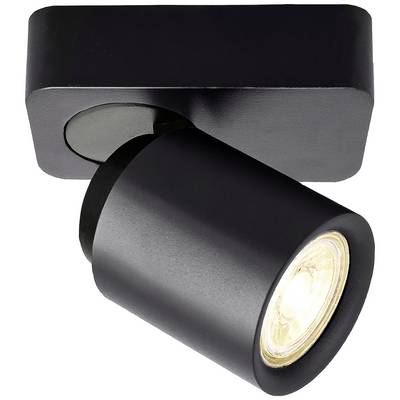 Schwarzer LED-Strahler an der Decke montiert. Der Strahler ist schwenkbar und leuchtet warmweiß, geeignet für Innenbeleuchtung.