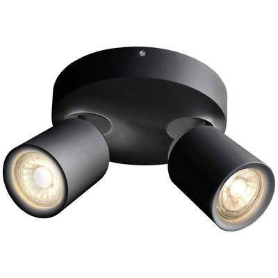 Zwei schwarze, runde Deckenstrahler mit LED-Leuchten, montiert auf einer runden Basis. Geeignet für punktuelle Beleuchtung in Innenräumen.