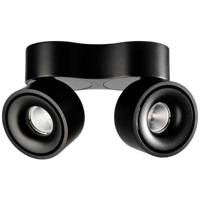 Zwei schwarze, zylinderförmige Deckenleuchten mit modernem Design, montiert an einer rechteckigen Basis.