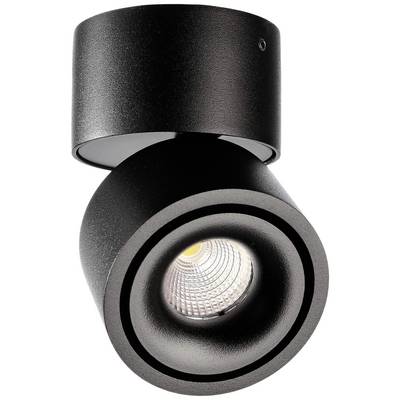 Eine schwarze, zylindrische Deckenleuchte mit einem runden, verstellbaren Lichtstrahler. Elegantes und modernes Design.