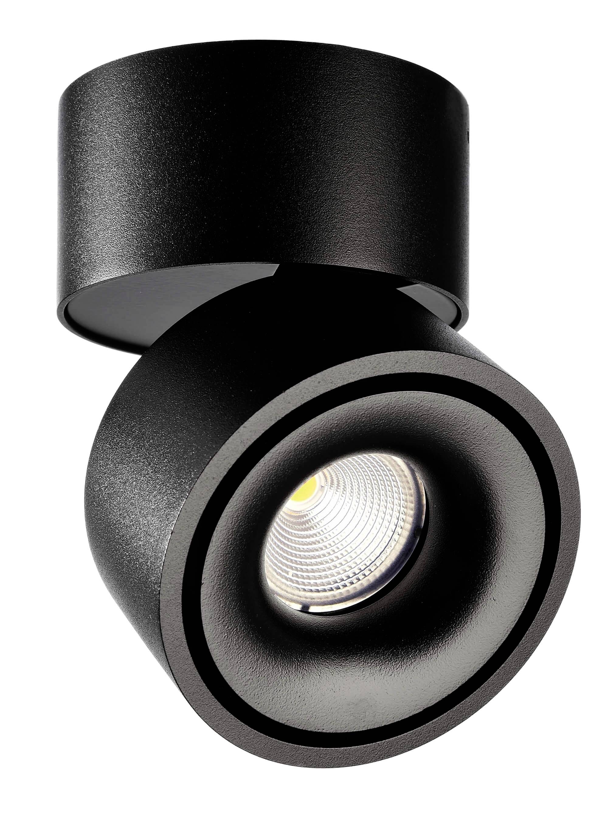 Schwarzer, moderner Spotstrahler aus Metall mit zylindrischer Form und integriertem LED-Licht, geeignet für Deckenmontage.