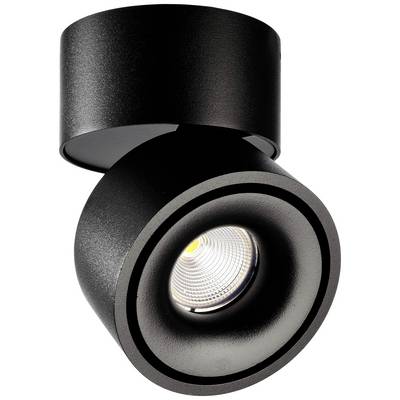 Eine schwarze, moderne Deckenlampe mit rundem, verstellbarem Spot, die direktes Licht nach unten abgibt.