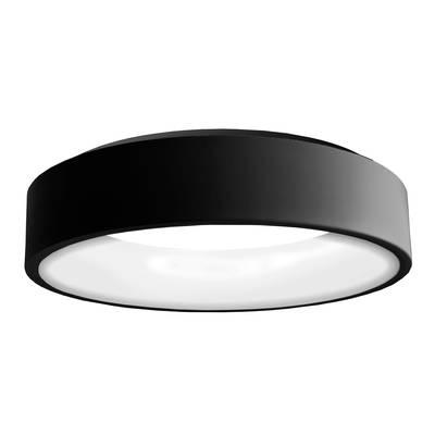 Flache, runde Deckenleuchte mit schwarzem Rahmen und weißem Licht.