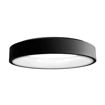 Runder, schwarzer Deckenstrahler mit weißem Lichtaustritt, modern und minimalistisch gestaltet.