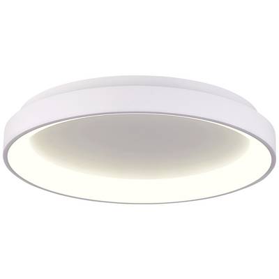 Eine runde LED-Deckenleuchte mit einem weißen Gehäuse. Die Leuchte strahlt ein gleichmäßiges, warmweißes Licht aus.