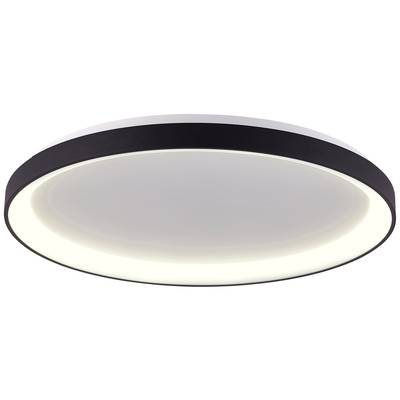 Eine runde, flache Deckenleuchte mit schwarzem Rahmen und einem leuchtenden, weißen Lichtpaneel.