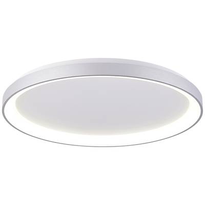 Eine runde, flache LED-Deckenleuchte mit silbernem Rand und weißem Diffusor. Geeignet für moderne Innenräume.