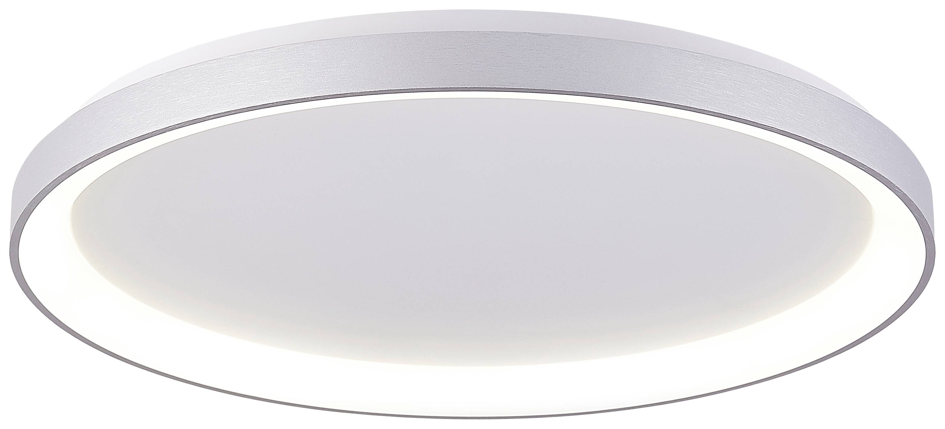 Weiße, runde Deckenleuchte mit flachem Design, die gleichmäßiges Licht abgibt. Geeignet für moderne Innenräume.