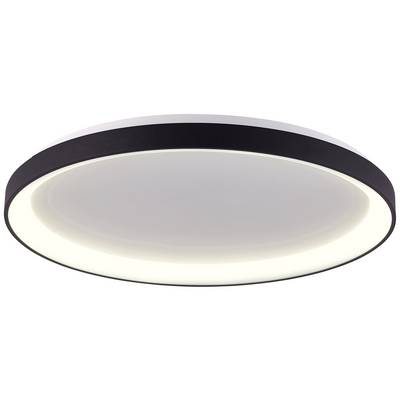 Runde, moderne LED-Deckenleuchte in Schwarz und Weiß. Sie hat eine flache, schlanke Bauform und strahlt ein weiches, gleichmäßiges Licht aus.