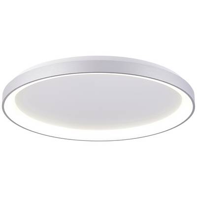 Runde, flache Deckenleuchte mit silbernem Rahmen und diffus strahlendem Licht, geeignet für moderne Innenräume.