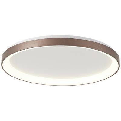 Flache, runde Deckenleuchte mit einem mattweißen Diffusor und einem bronzefarbenen Rand.