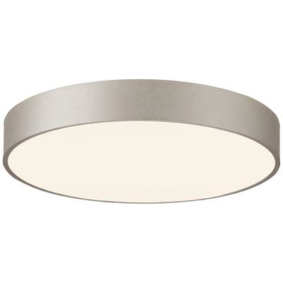 Runde Deckenleuchte in Metalloptik mit weißem Diffusor strahlt gleichmäßiges Licht für Innenräume aus. Minimalistisches Design.