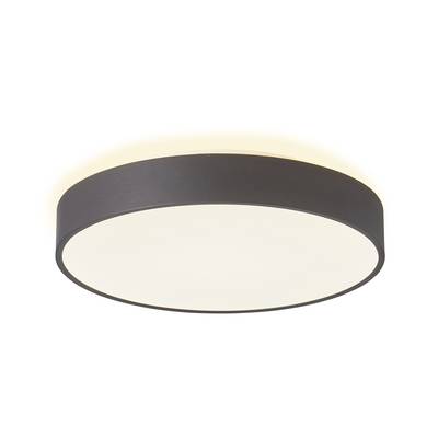 Runde Deckenleuchte mit schwarzem Rand und weißem Diffusor, die sanftes Licht ausstrahlt. Ideal für moderne Innenräume.