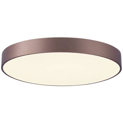 Flache, runde Deckenleuchte mit bronzefarbenem Rand, diffus leuchtend.