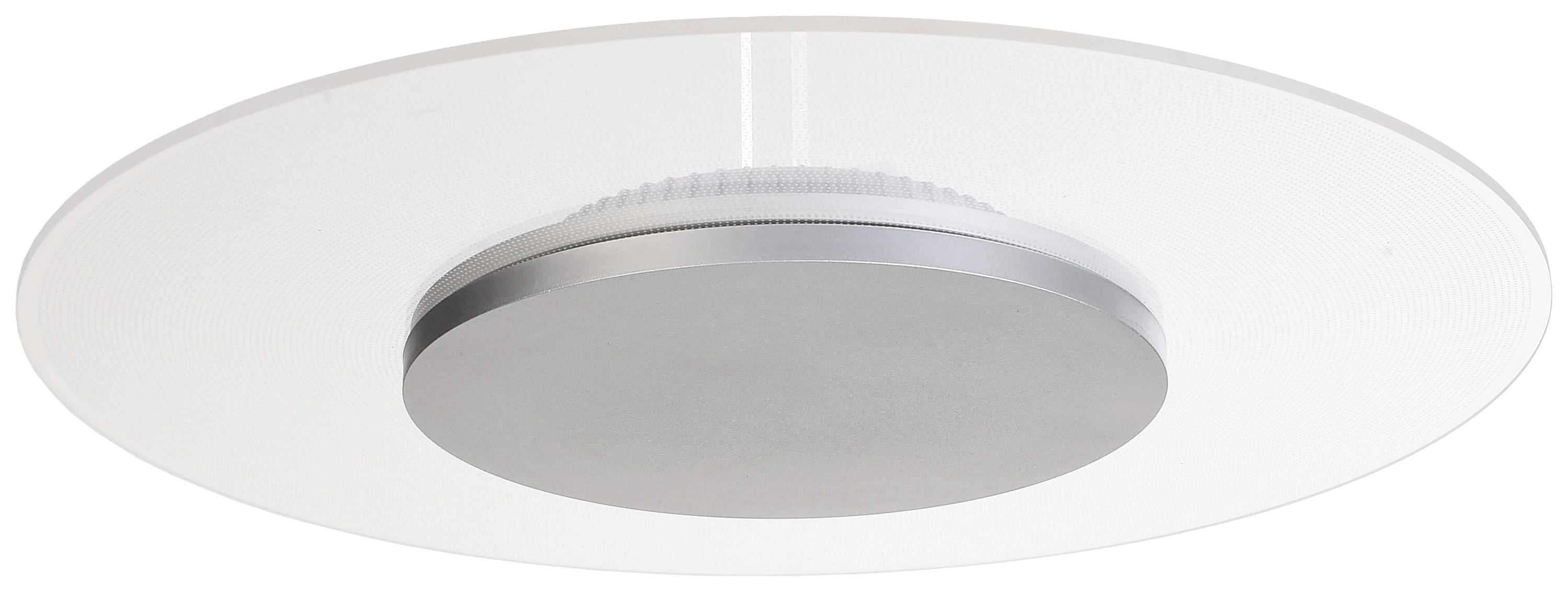 Eine runde, moderne Deckenlampe mit einem silbernen Gehäuse und einer flachen, weißen Glaskuppel.
