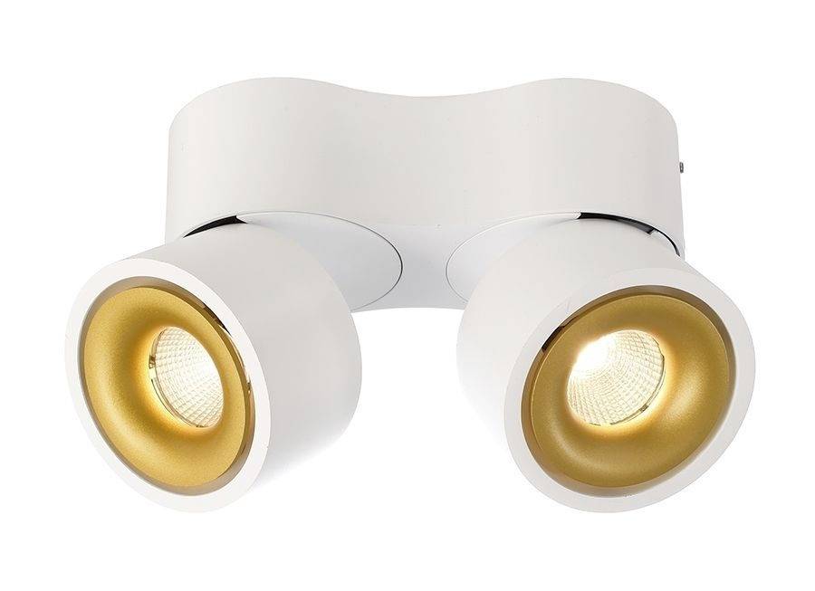 Zwei runde, goldene Einbaustrahler in einem weißen Gehäuse, die nach vorne leuchten. Ideal für moderne Innenbeleuchtung.