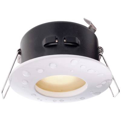 Runde, schwarze LED-Einbauleuchte mit weißem Rahmen und Wassertropfen darauf, geeignet für feuchte Umgebungen.