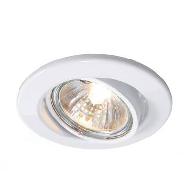 Eine weiße Einbaudeckenleuchte mit eingeschaltetem Halogenstrahler, der ein warmes Licht ausstrahlt.
