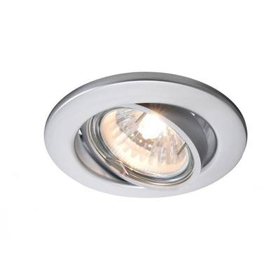 Runde Einbauleuchte mit metallischem Rahmen und integrierter Glühlampe, eingeschaltet und Licht abstrahlend.