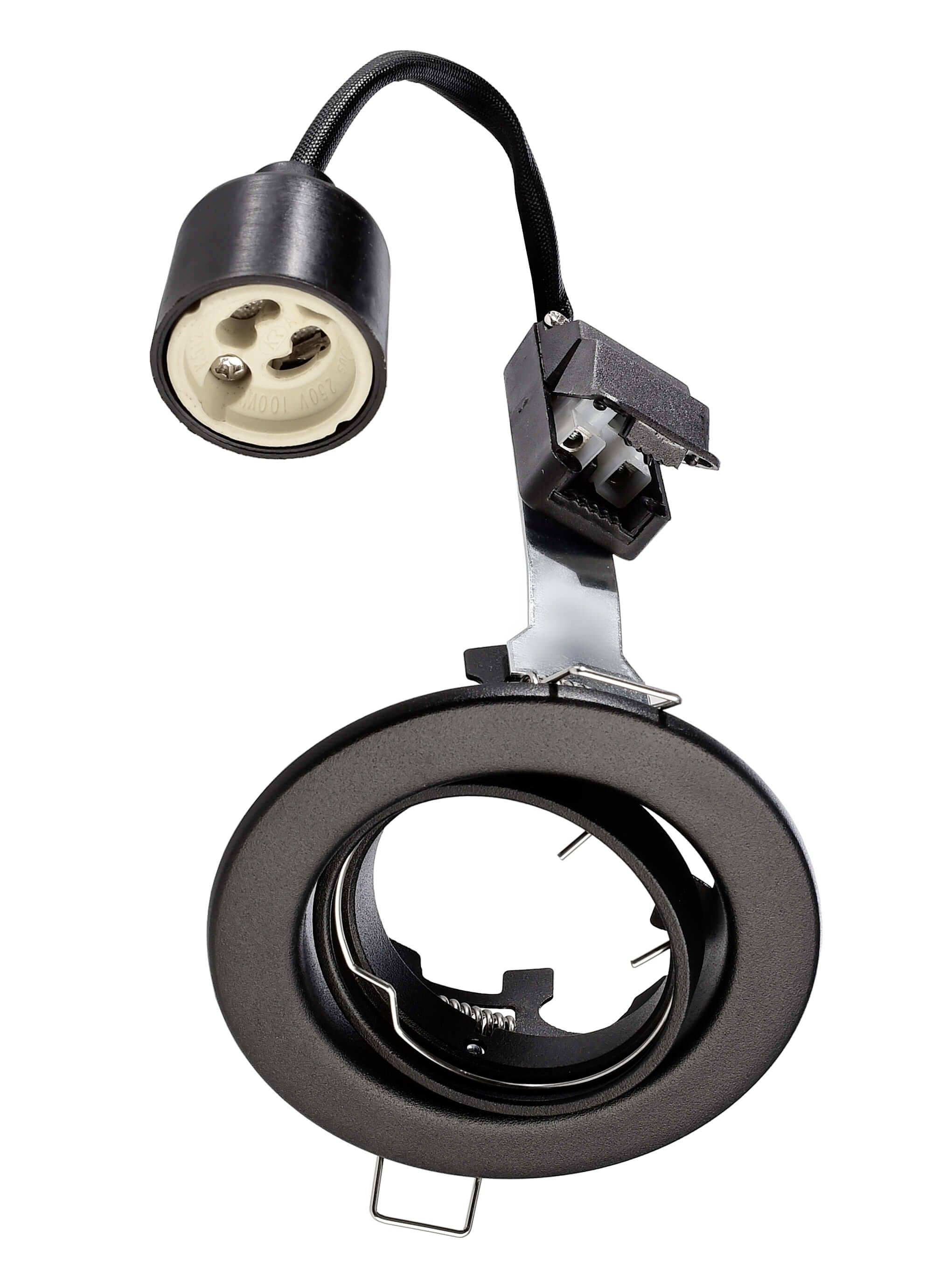 Ein schwarzer Lampensockel mit Kabel und Stecker, geeignet zur Installation in Deckensystemen. Hauptsächlich für Beleuchtungszwecke verwendet.