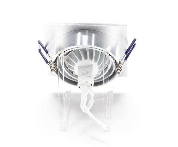 Ein LED-Deckeneinbauspot mit runder Form und Metallrahmen, zeigt die Rückseite und Anschlüsse, geeignet für Innenbeleuchtung.