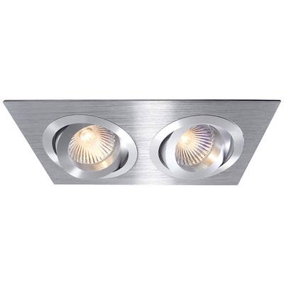 Ein rechteckiger, silberner Deckenstrahler mit zwei runden, schwenkbaren Leuchten, die warm leuchtendes Licht abstrahlen.