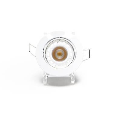 Ein runder LED-Spot auf weißem Hintergrund mit silbernem Rand, zentral platziert. Er ist einbaubar und energieeffizient.