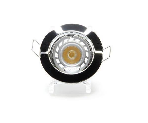 Ein LED-Einbaustrahler mit silbernem Rahmen und sichtbarem Leuchtmittel in der Mitte. Ideal für dezente, moderne Beleuchtung.