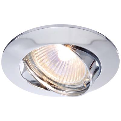 Eine glänzende, silberne Einbaulampe mit hellem, strahlendem Licht, die schräg geneigt in einer Deckenhalterung sitzt.
