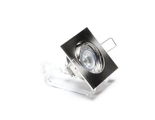 Ein quadratischer LED-Spot mit Metallrahmen und Halterungen, geeignet für dezente Deckenbeleuchtung in Innenräumen.