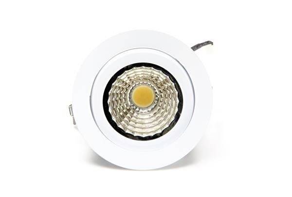 Rundes LED-Deckeneinbaulicht mit silberner Fassung und gelbem Innenkern, vermutlich für moderne Wohnbeleuchtung geeignet.