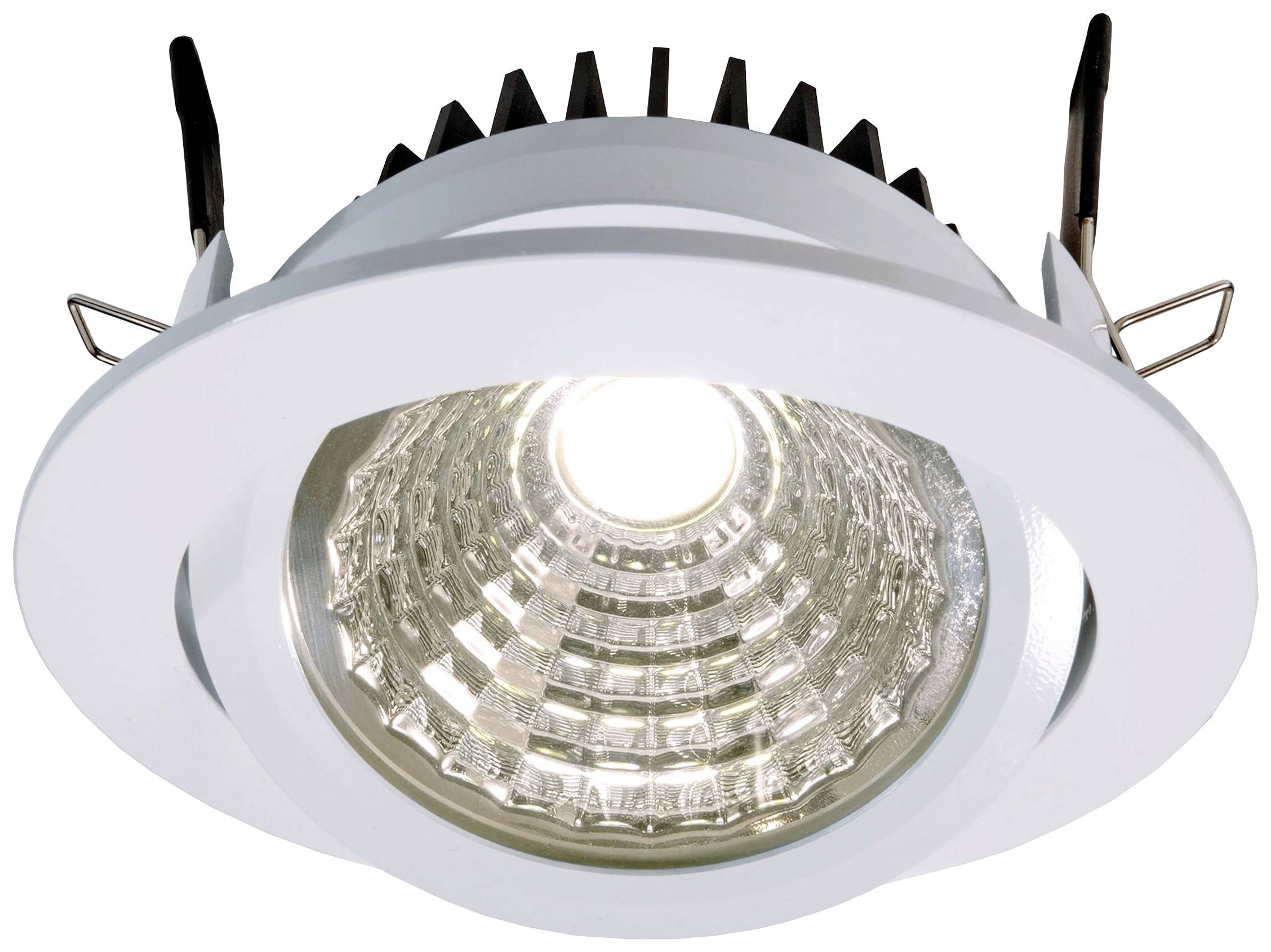 Einbauspot mit LED-Licht, runder Rahmen, silberne Fassung, geeignet zur Deckenmontage, strahlt helles, fokussiertes Licht aus.
