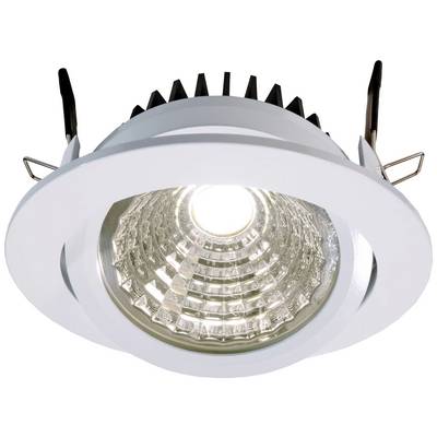 Einbauspot mit LED-Licht, runder Rahmen, silberne Fassung, geeignet zur Deckenmontage, strahlt helles, fokussiertes Licht aus.