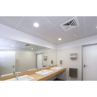 Öffentliche Toilette mit zwei Waschbecken, großen Spiegeln, modernen Armaturen und gefliesten Wänden. Sauber und ordentlich gestaltet.