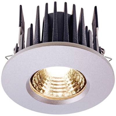 LED-Spotlight mit silbernem Rahmen und schwarzem Kühlkörper. Eignet sich für Einbau in Decken, erzeugt fokussiertes Licht.