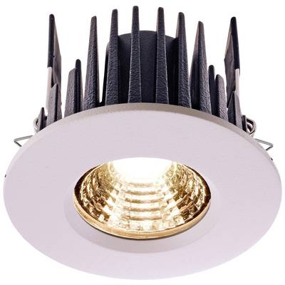 Einbau-LED-Spot mit weißer Umrandung und schwarzem Kühlkörper, leuchtet hell in warmem Ton. Ideal zur Akzentbeleuchtung.