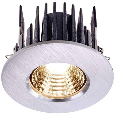 Einbau-LED-Spot mit silbernem Rahmen und schwarzem Kühlkörper. Leuchtet hell und eignet sich für moderne Deckenbeleuchtung.