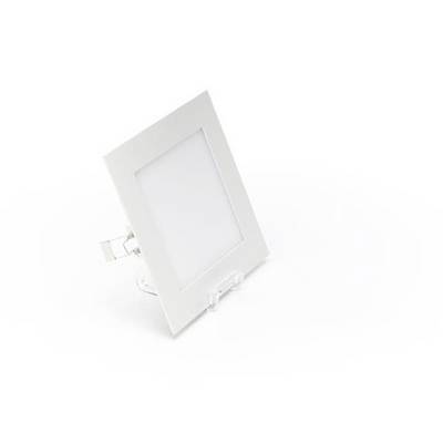 Quadratische weiße LED-Deckenleuchte auf weißem Hintergrund. Sie ist leicht geneigt dargestellt, mit sichtbarem Halteclip auf der Rückseite.