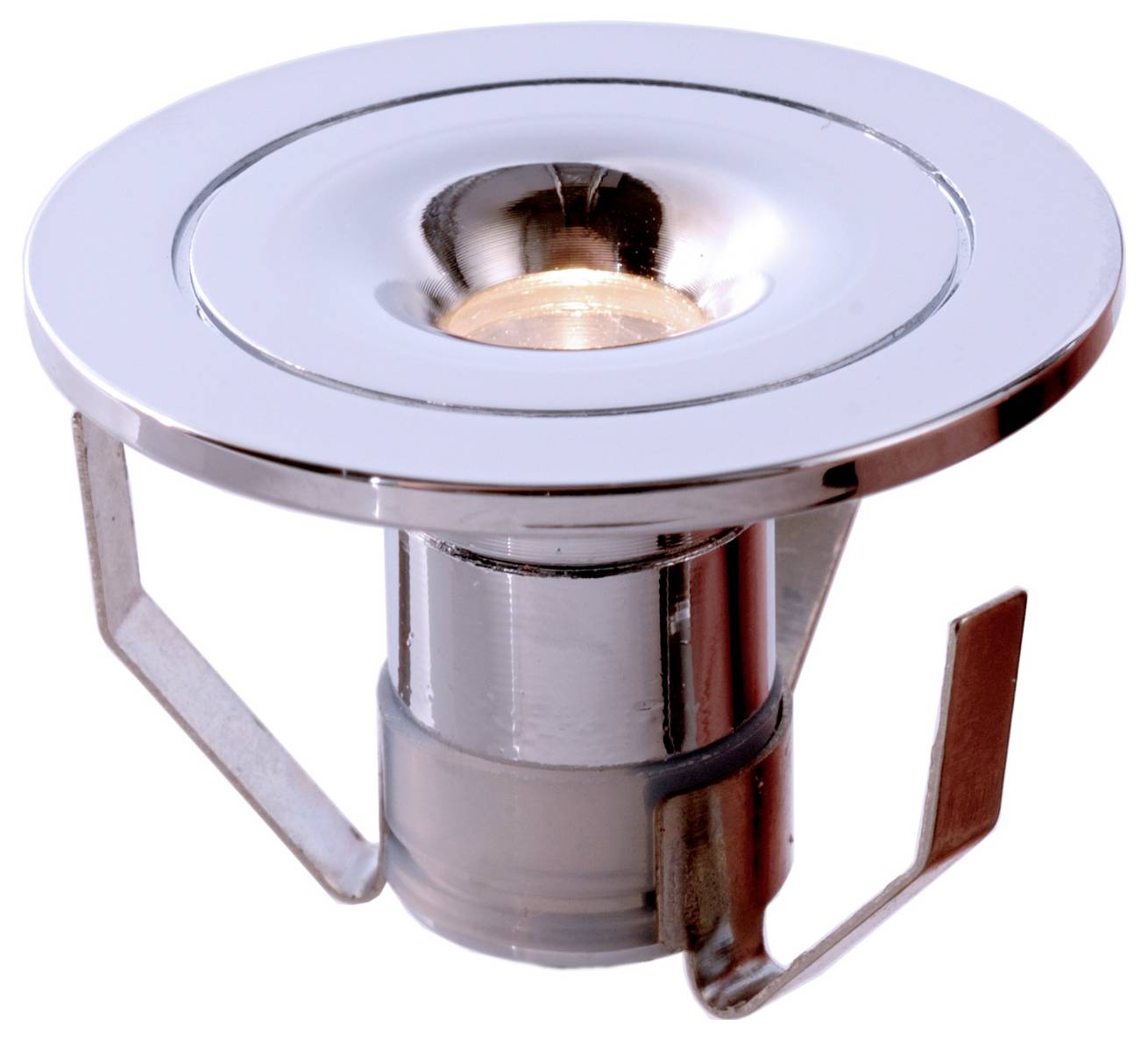 Einbauleuchte für die Decke mit silberfarbenem Metallrahmen und zentraler Lampenöffnung.