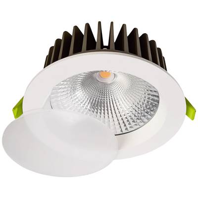 Runder LED-Einbaustrahler mit geriffeltem Reflektor und abnehmbarer Abdeckung, geeignet für Deckenmontage, weiße Farbe.