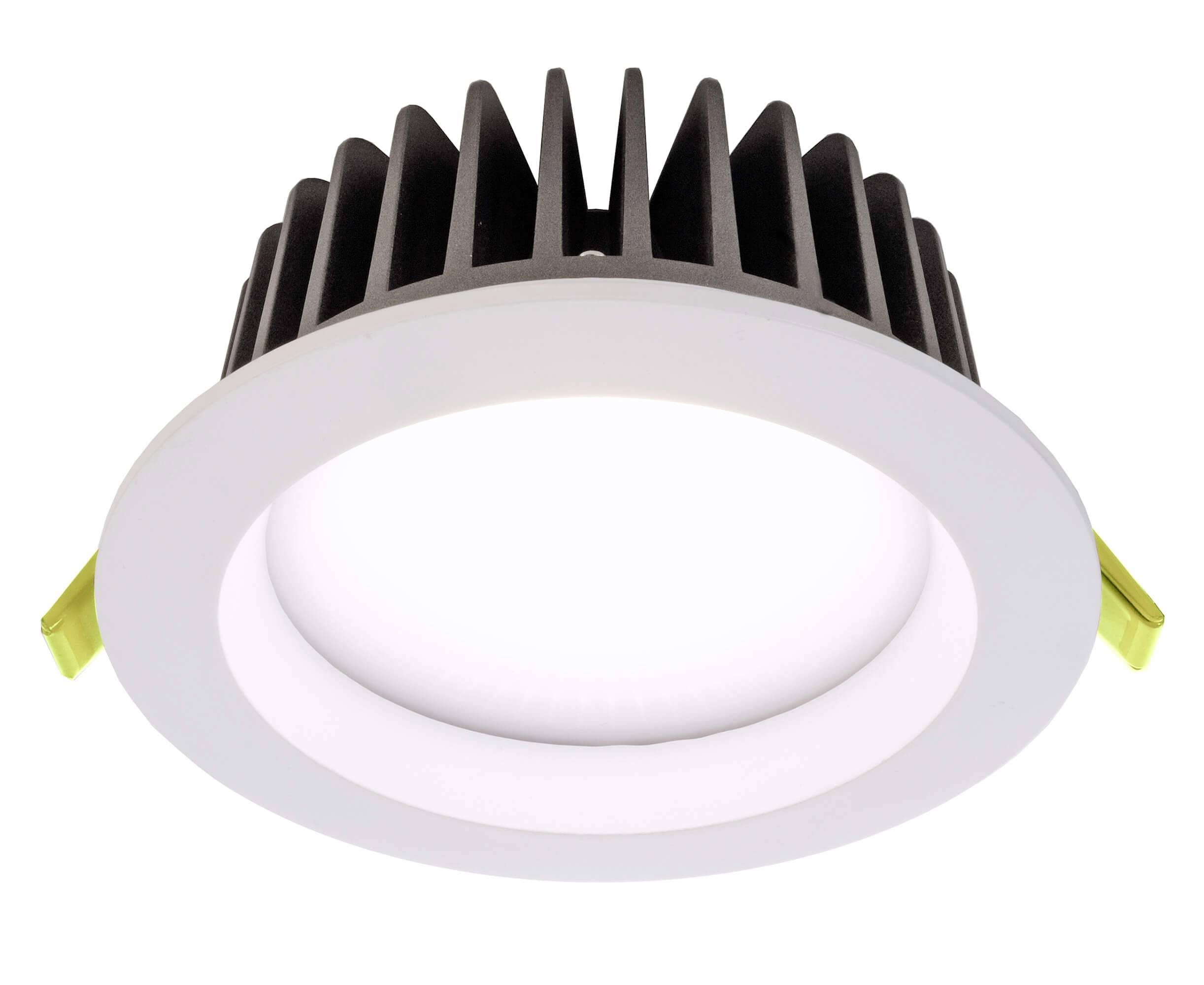 Ein runder LED-Einbaustrahler mit weißem Rahmen, schwarzem Kühlkörper und zwei gelben Klemmen an den Seiten.