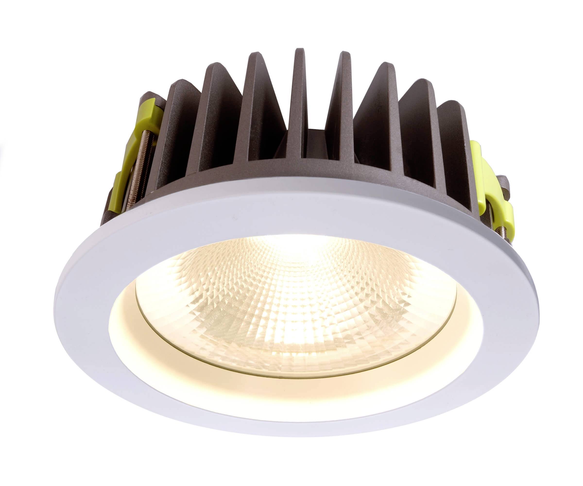 LED-Einbaustrahler mit weißem Rahmen und geriffelter Oberfläche, leuchtet warmweiß. Geeignet für Deckenmontage, energieeffizient.