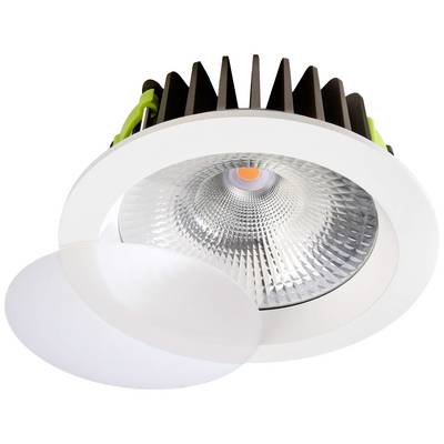 Runde, weiße LED-Einbauleuchte mit Kühlkörper und reflektierendem Element. Geeignet für moderne Deckenbeleuchtung.
