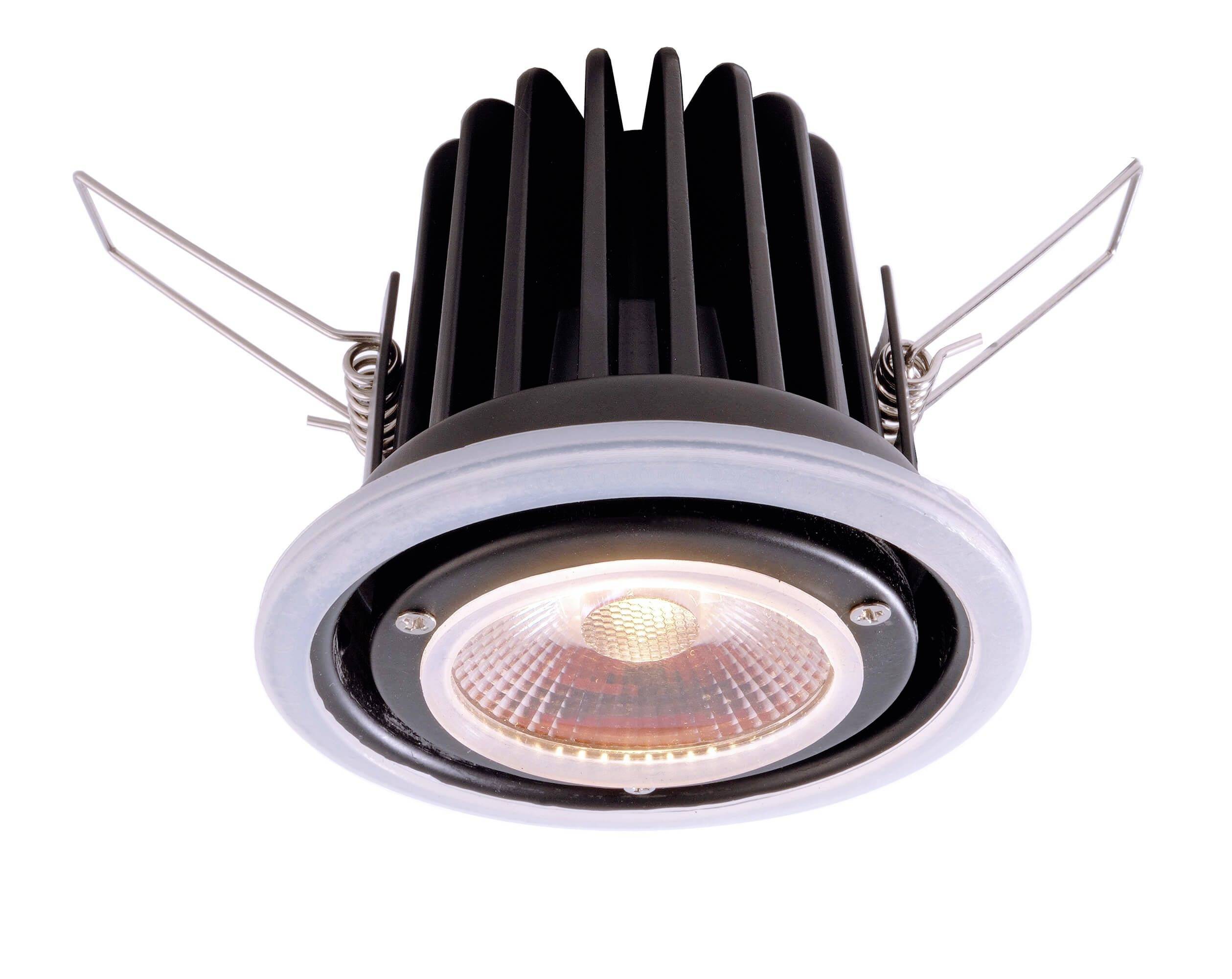 Runde LED-Einbauleuchte in Weiß und Schwarz mit Kühlrippen und Metallklammern, geeignet für Deckenmontage.