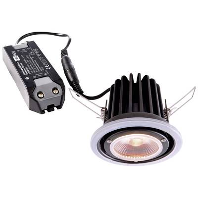 Ein runder Einbaustrahler mit einem Kühlkörper und einem angeschlossenen LED-Treiber, geeignet für Deckeninstallationen.