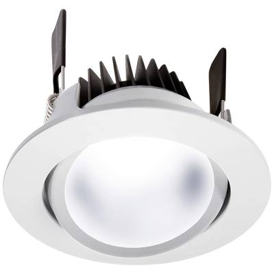 Ein runder, weißer LED-Einbaustrahler mit schwarzem Kühlkörper und Klemmen zum Einsetzen in eine Decke.