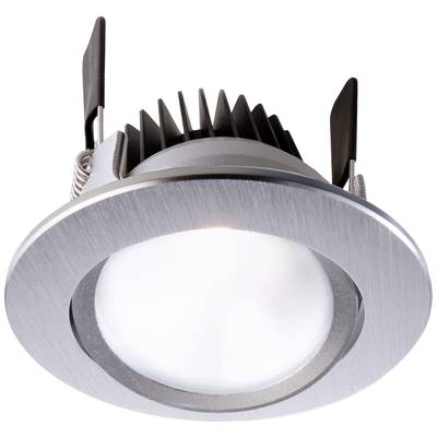 Einbau-LED-Spotlampe mit silbernem Rahmen und Kühlrippen, geeignet für Deckenmontage. Energiesparend und stilvoll designt.