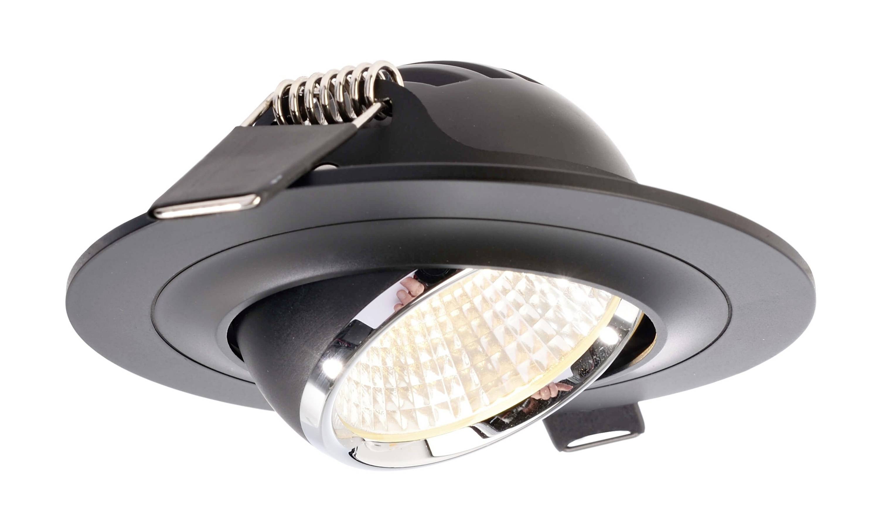 Runde LED-Deckeneinbauleuchte in Schwarz mit verstellbarem Kopf. Energiesparend, geeignet für Innenbeleuchtung.