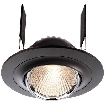 Einbauleuchte mit runder Fassung und sichtbarer LED-Birne. Schwarzes Gehäuse mit zwei Montageclips an den Seiten.