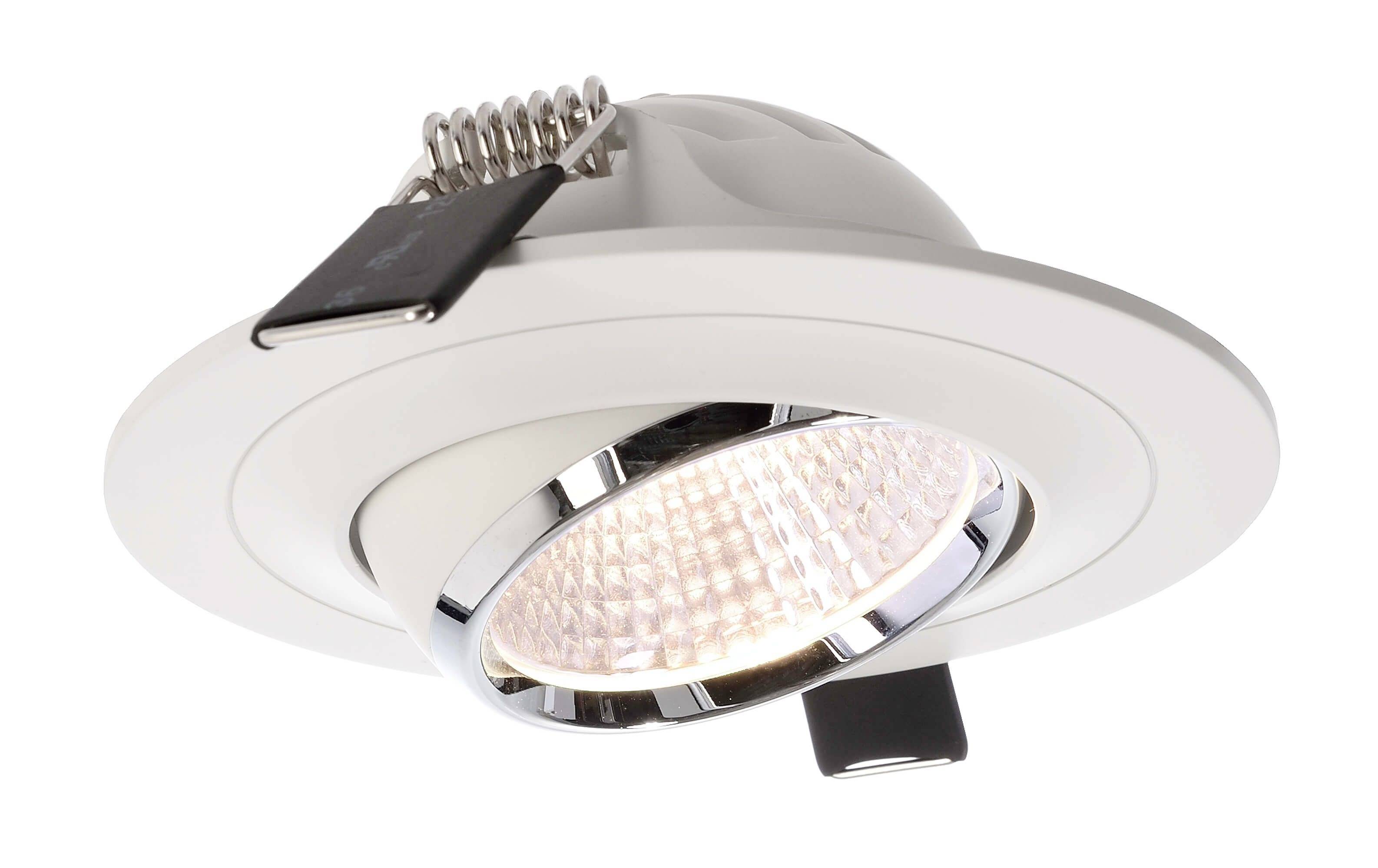 LED-Einbaustrahler mit weißem Rahmen, drehbar für flexible Lichtausrichtung. Geeignet für Deckenmontage in modernen Innenräumen.
